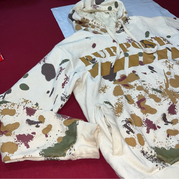 Paint Splatter HOODIE SWEATSHIRT FWRD DENIM purpose Tan Olive Pockets MEDIUM MEN - Picture 9 of 13